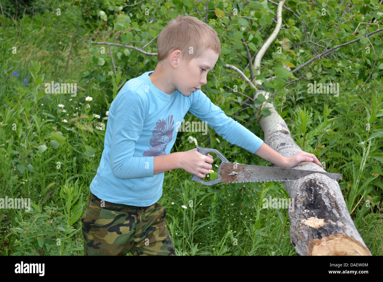 the boy with a hacksaw stands near a tree Stock Photo