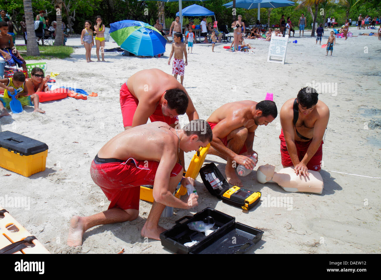 Miami Florida,Homestead,Homestead Bayfront Park,Biscayne Bay water,lifeguards,lifeguard training,rescue,man men male adult adults,CPR dummy,mannequin, Stock Photo