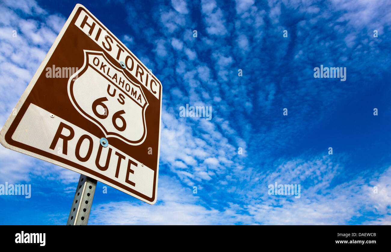 Historic Route 66 sign on a sky blue background Stock Photo