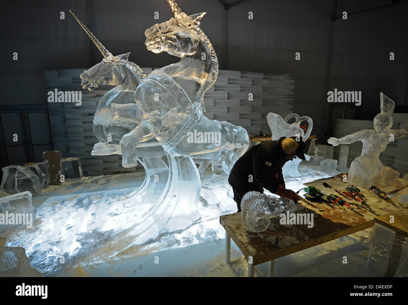 An ice artist work ice sculpture for the exhibition