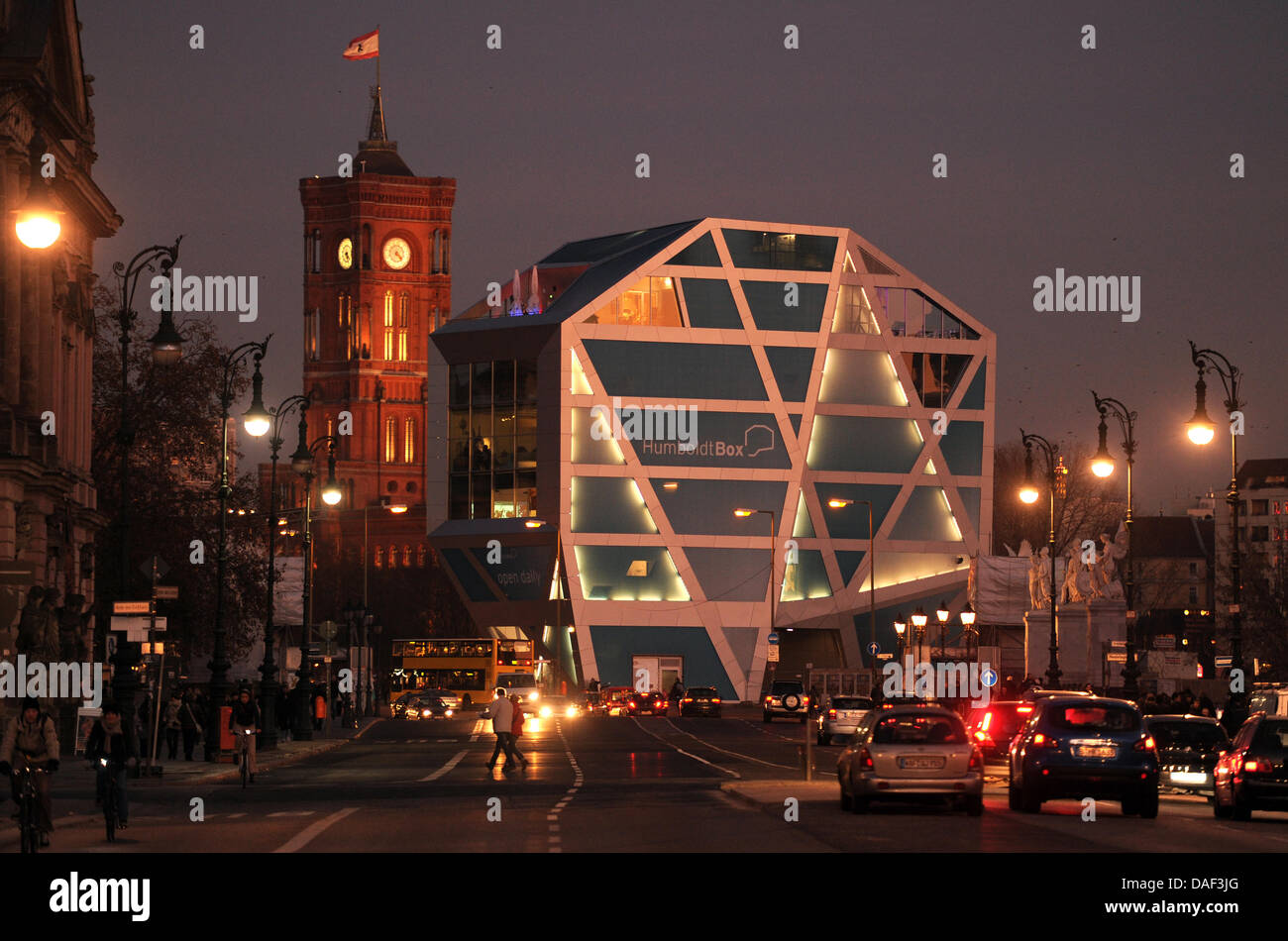 The Humboldt Box and the Red Town Hall are illuminated in the evening at the boulevard Unter den Linden in Berlin, Germany, 29 November 2011. Photo: Jens Kalaene Stock Photo