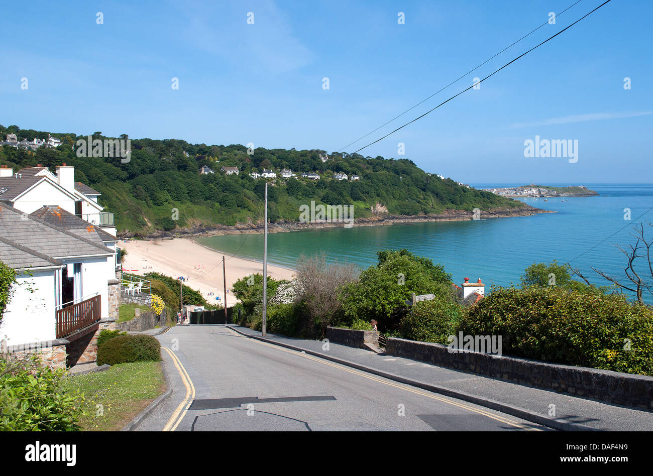 Houses overlooking the beach at Carbis Bay near St.Ives in Cornwall, UK Stock Photo