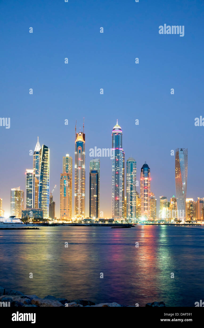 Evening view of Dubai skyline with many skyscrapers at Marina district in United Arab Emirates UAE Stock Photo