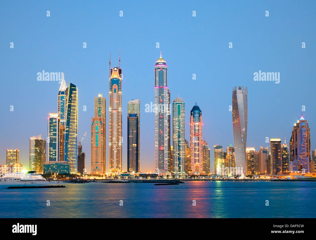 Evening view of Dubai skyline with many skyscrapers at Marina district in United Arab Emirates UAE Stock Photo