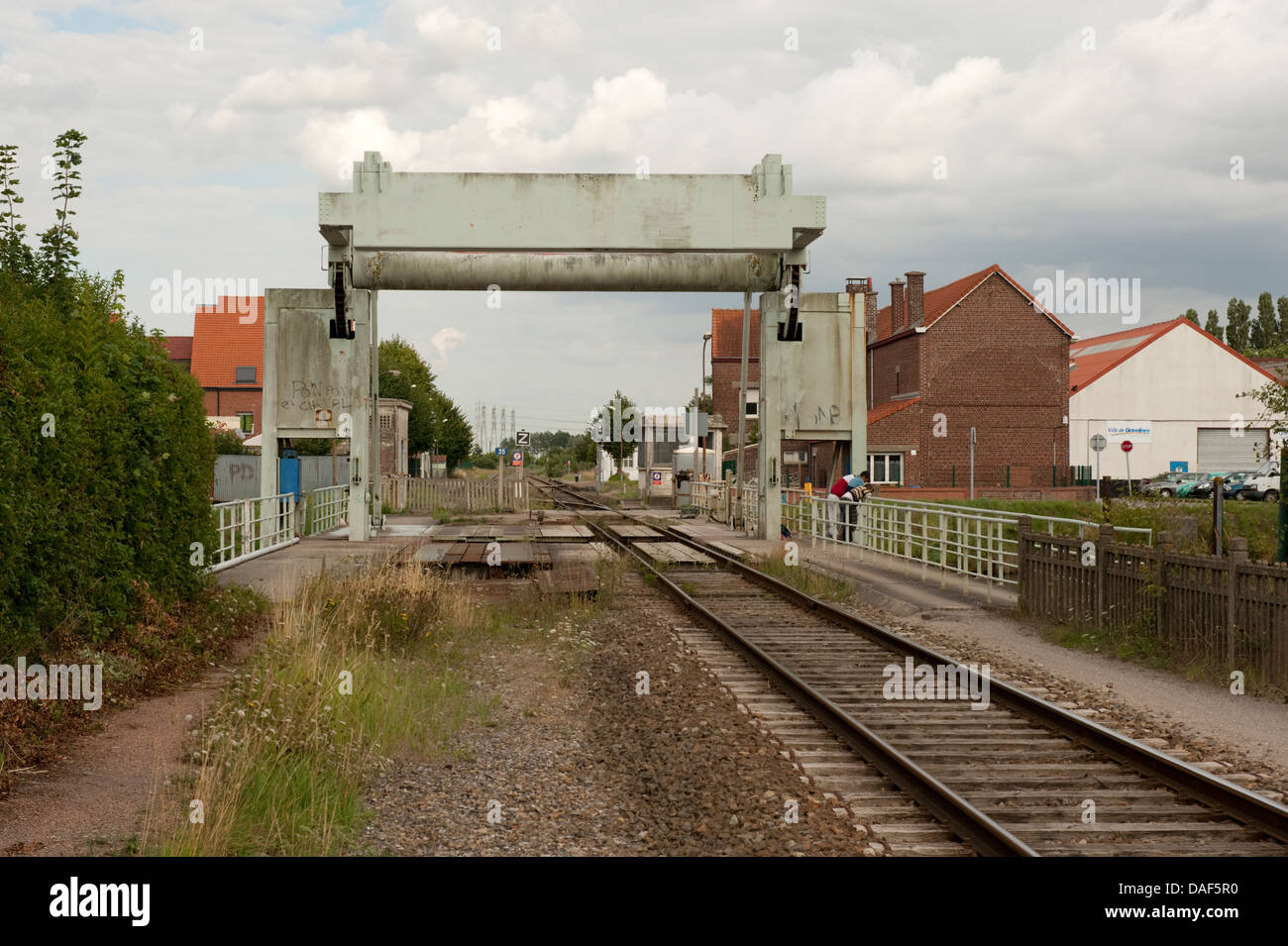 Railway Track and Cantilever Counterbalance Bridge Gravelines France Stock Photo