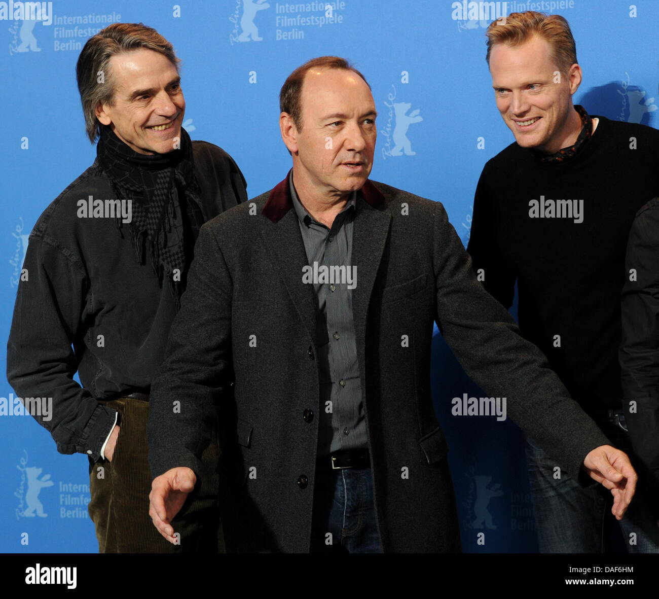 US actors (L-R) Jeremy Irons, Kevin Spacey and Paul Bettany pose at a