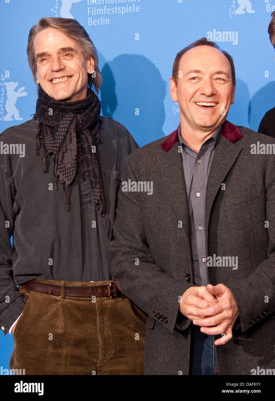 Actors Jeremy Irons (L) and Kevin Spacey pose before the press