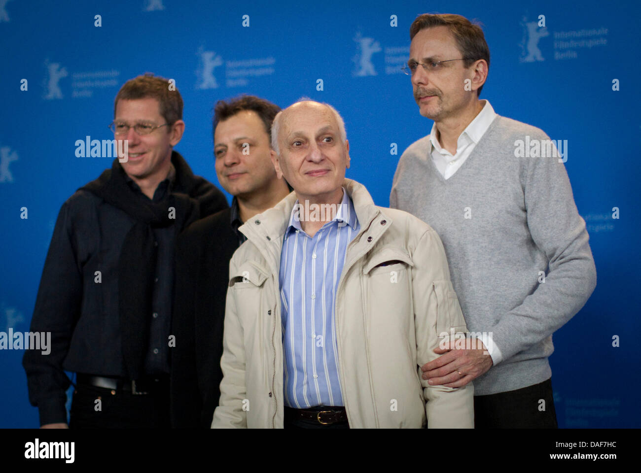 French producer Philip Boeffard (L-R), 3D technician Rodolphe Chabrier, French director Michel Ocelot and producer Christophe Rossignon poses during the photocall for the animationsfilm 'Tales Of The Night' ('Les Contes De La Nuit') during the 61st Berlin International Film Festival in Berlin, Germany, 13 February 2011. The film runs in the competition of the International Film Fes Stock Photo