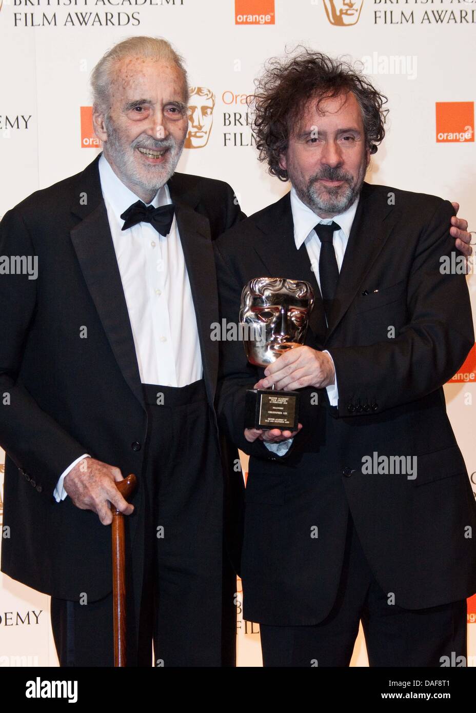 British actor Christopher Lee and director Tim Burton (R) pose in the  winner's pressroom of the British Academy Film Awards BAFTA at Royal Opera  House in London, Great Britain, 13 February 2011.