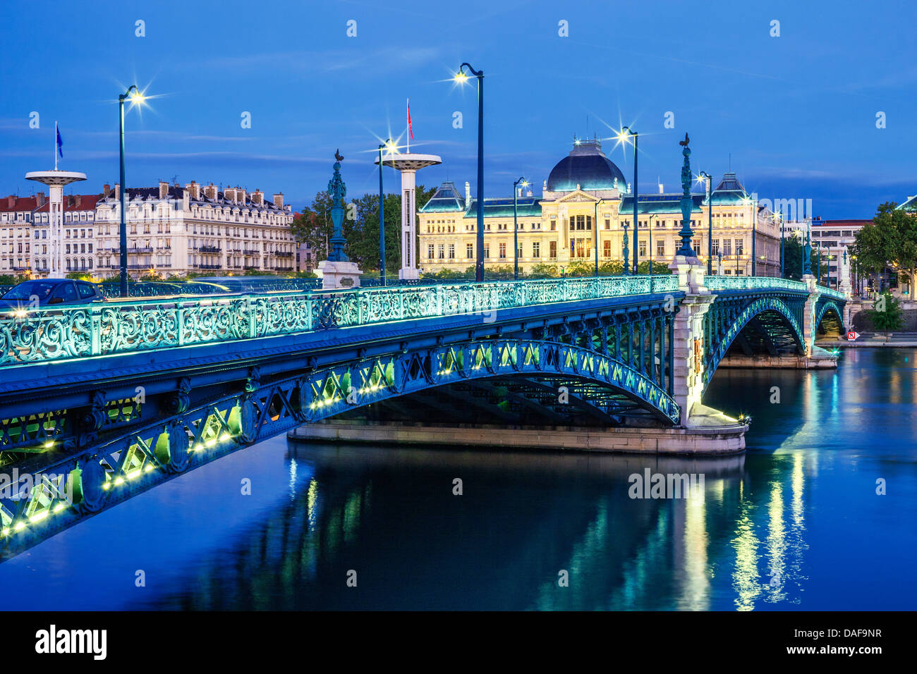 View of bridge and University in Lyon by night Stock Photo