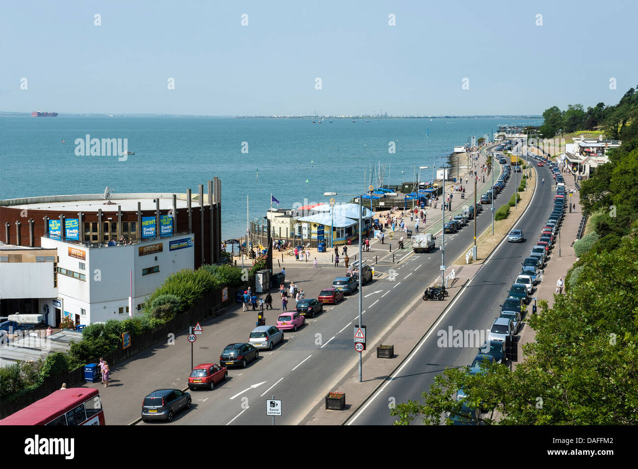 Western esplanade with Southend radio station and Sands restaurant. Stock Photo