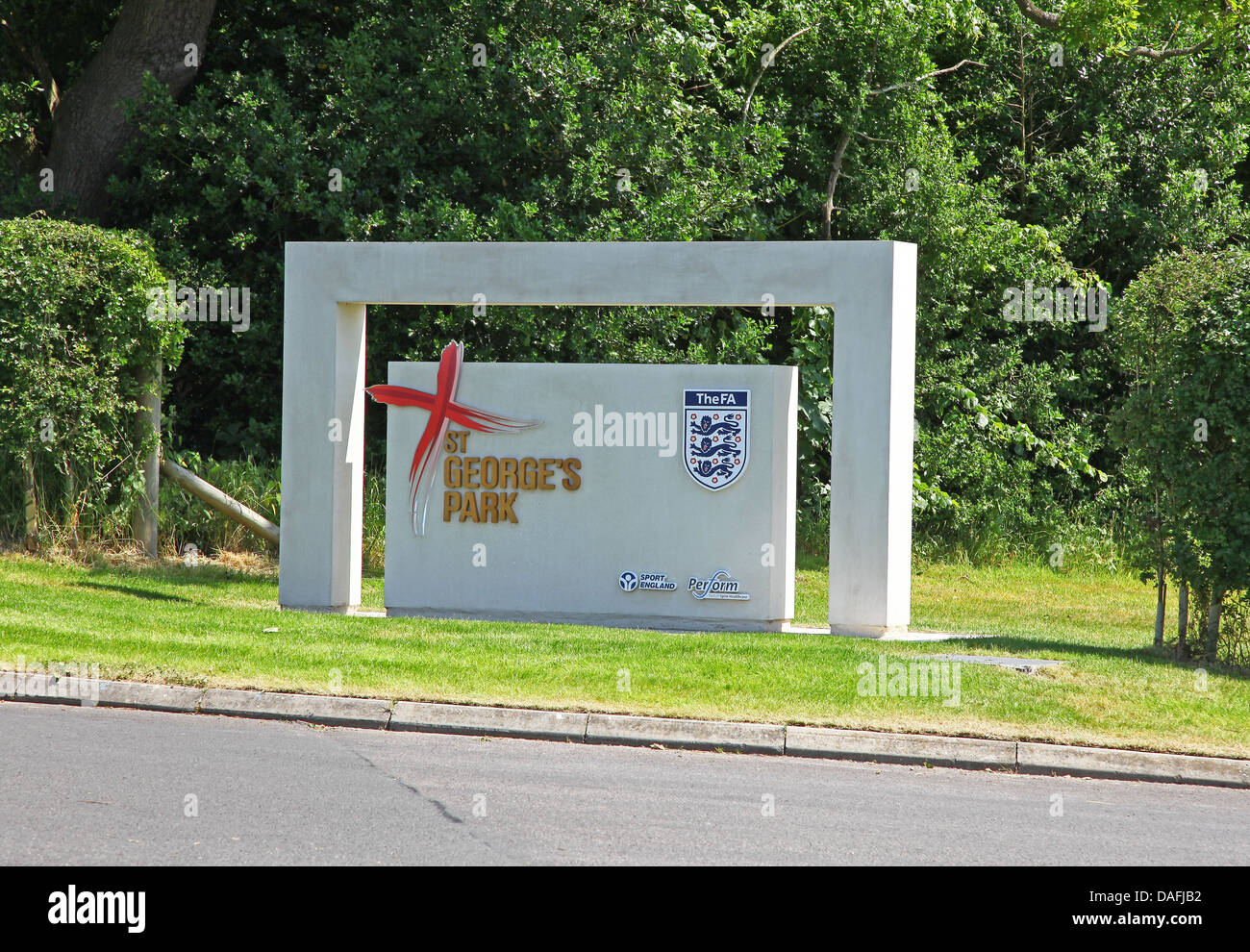 Sign at the entrance to St Park, the English Football FA national football centre at