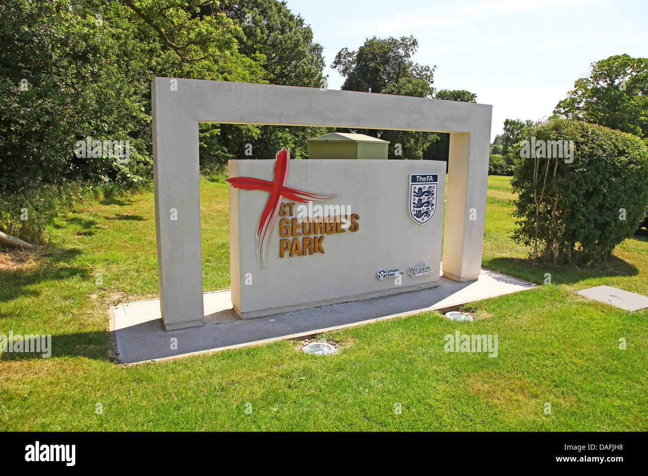 Sign at the entrance to St Park, the English Football FA national football centre at
