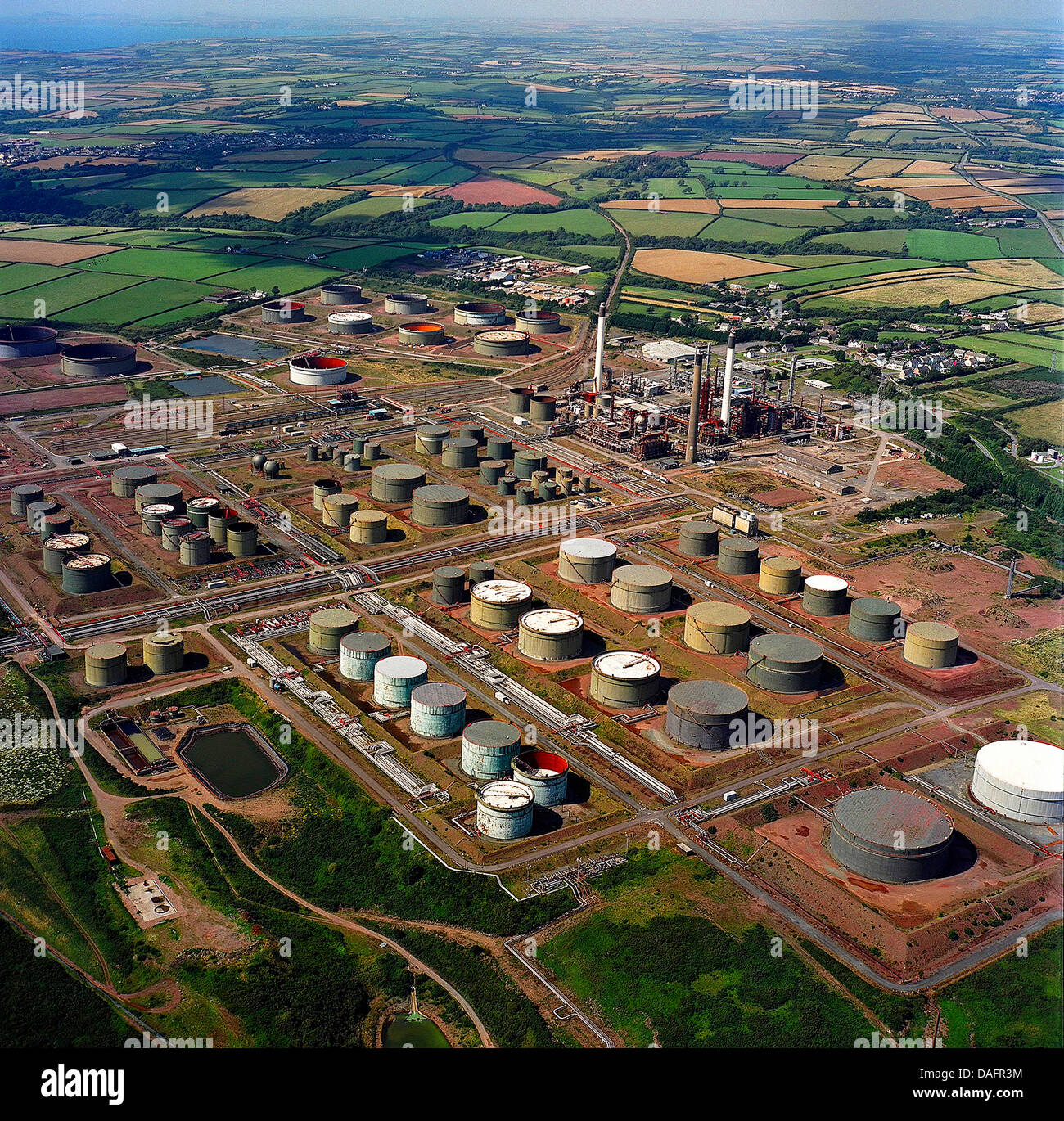 aerial view of an oil refinery and gas terminal, United Kingdom, Wales