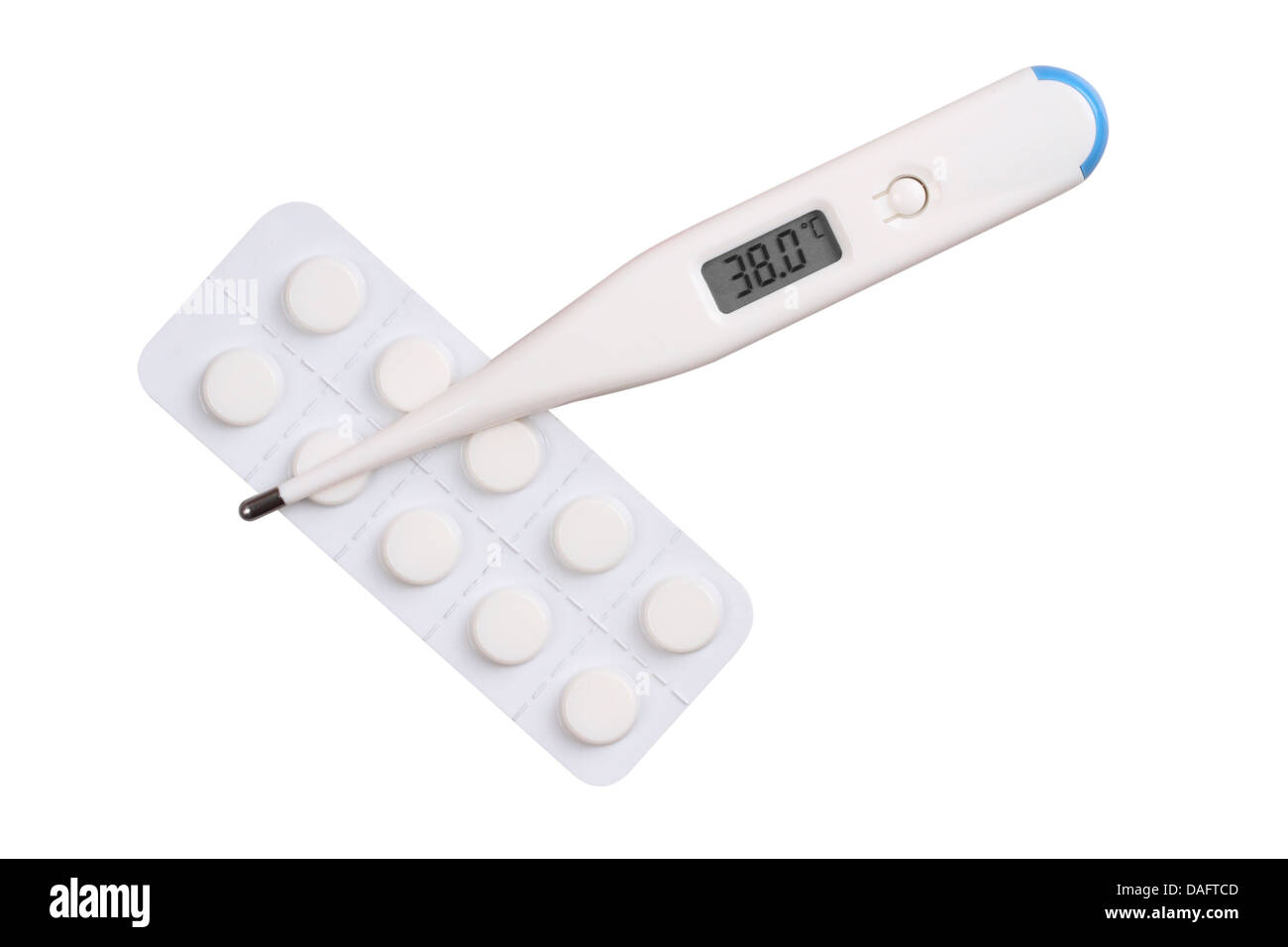 Electronic medical thermometer and pills on a white background with the