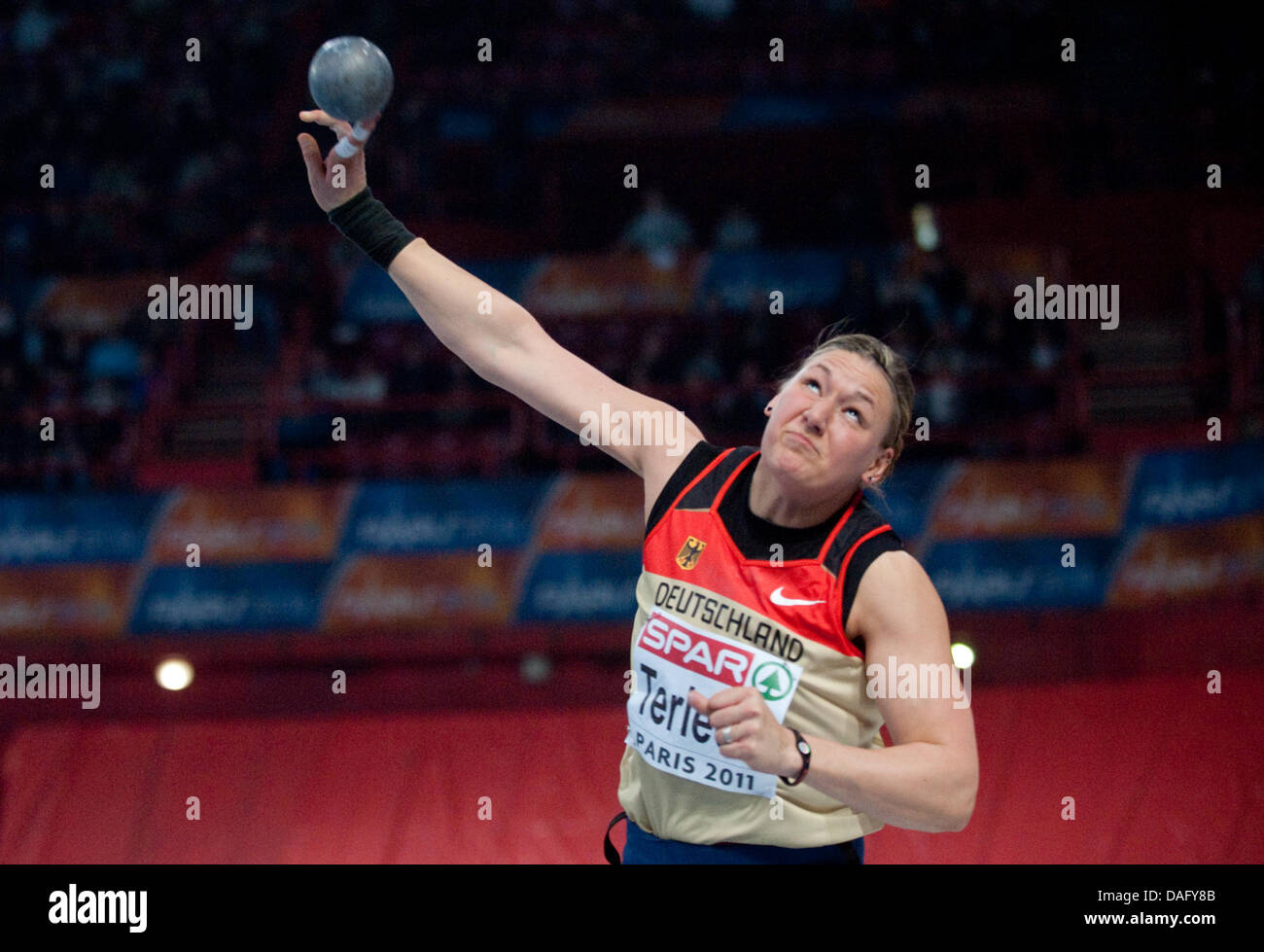 German athlete Josephine Terlecki is pictured during the women's shot put finals at the European Athletics Indoor Championships at the Palais Omnisports in Paris, France, 05 March 2011. Terlecki took third place. Photo: Bernd Thissen Stock Photo