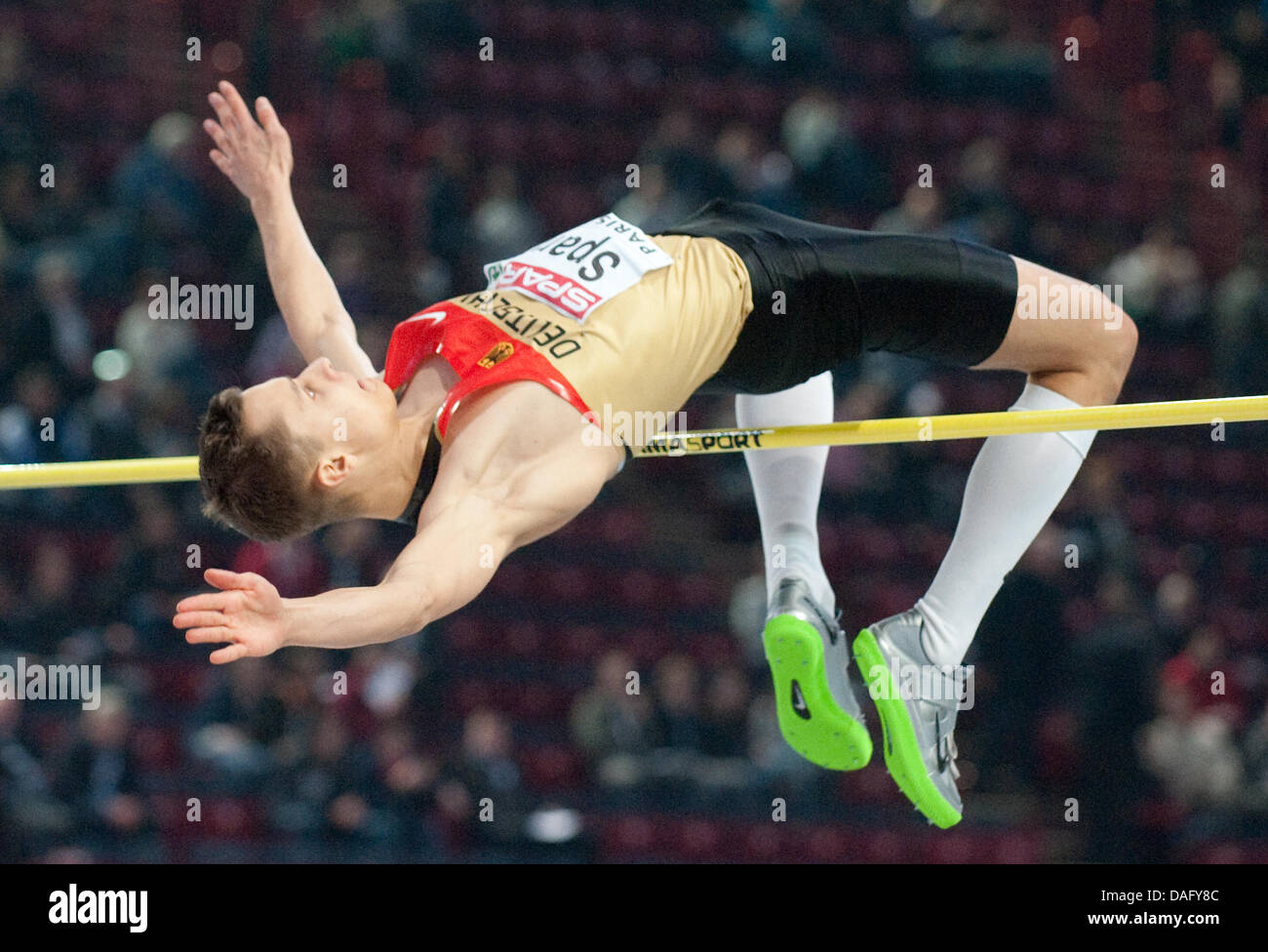 German athlete Raul Spank is pictured during the high jump competition at the European Athletics Indoor Championships at the Palais Omnisports in Paris, France, 05 March 2011. Photo: Bernd Thissen Stock Photo