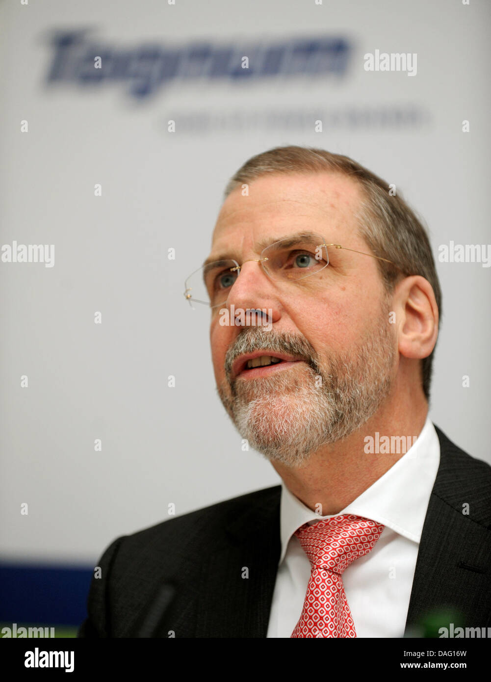CEO of the mechanical engineering company Tognum, Volker Heuer, speaks at a press briefing on annual results in Stuttgart, Germany, 10 March 2011. The surplus of the company increased by one third to 159.2 million euro in the last year. Photo: Bernd Weissbrod Stock Photo