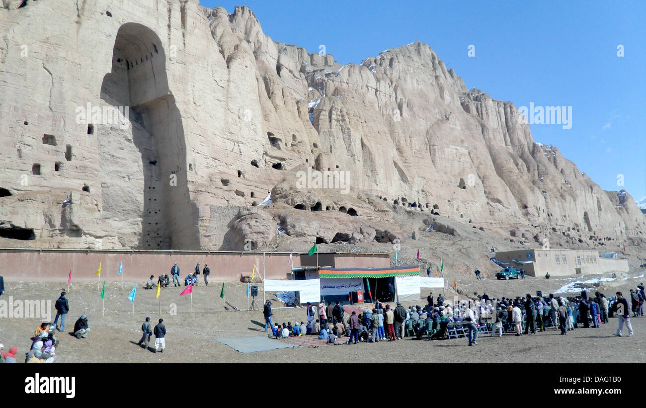 The picture shows a group of representatives of the Afghan government and representatives of different international Associations at the 10th anniversary of the destruction of the Buddha Statues in the region Bamian in Central-Afghanistan on 07 March 2011. The 54-meter tall Buddha Statues which had been ben cut into the rocks by buddhists monks in the 6th century will not be re-con Stock Photo