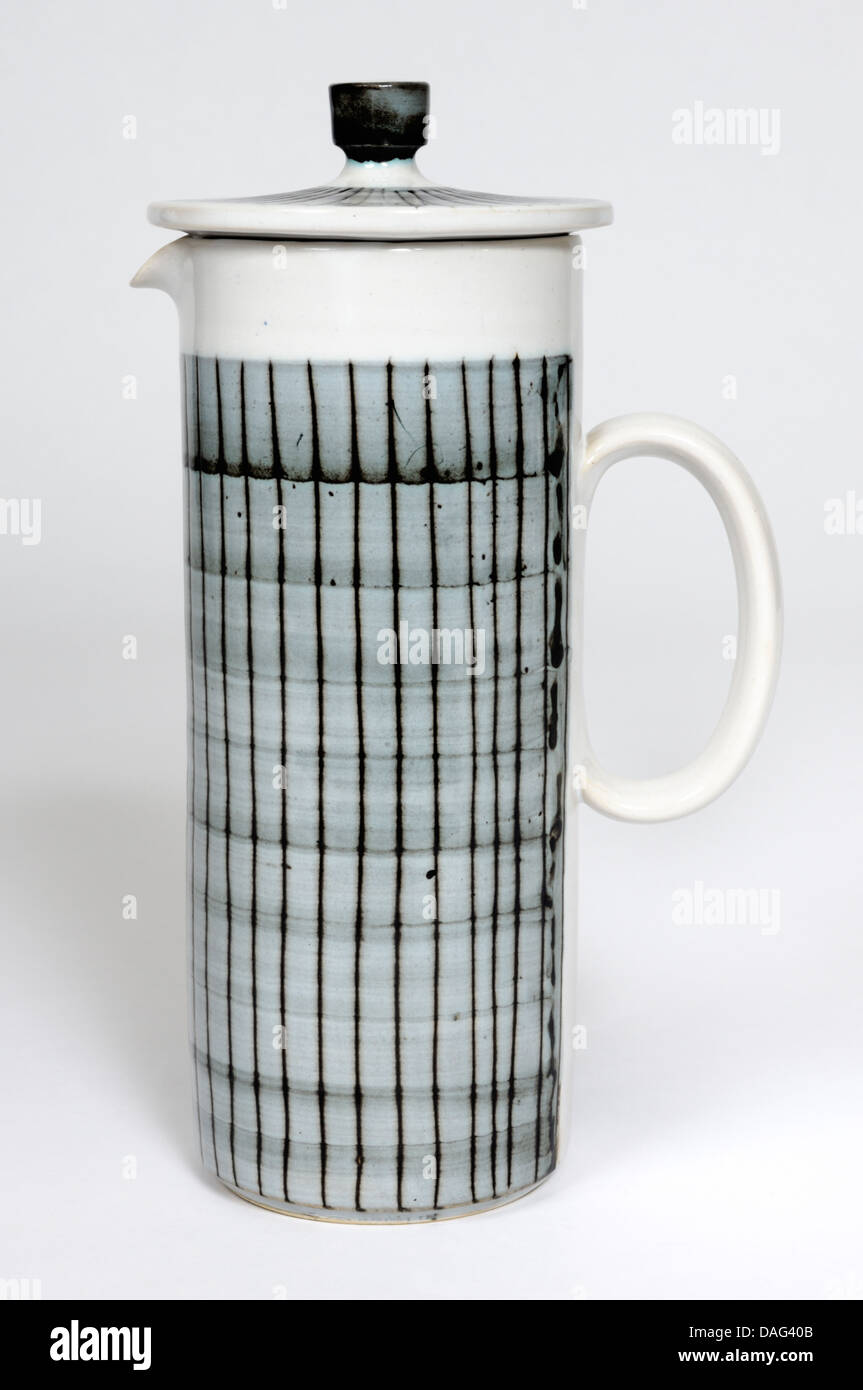 Briglin Pottery coffee pot with linear wax resist design. Possibly early period 1950s Stock Photo
