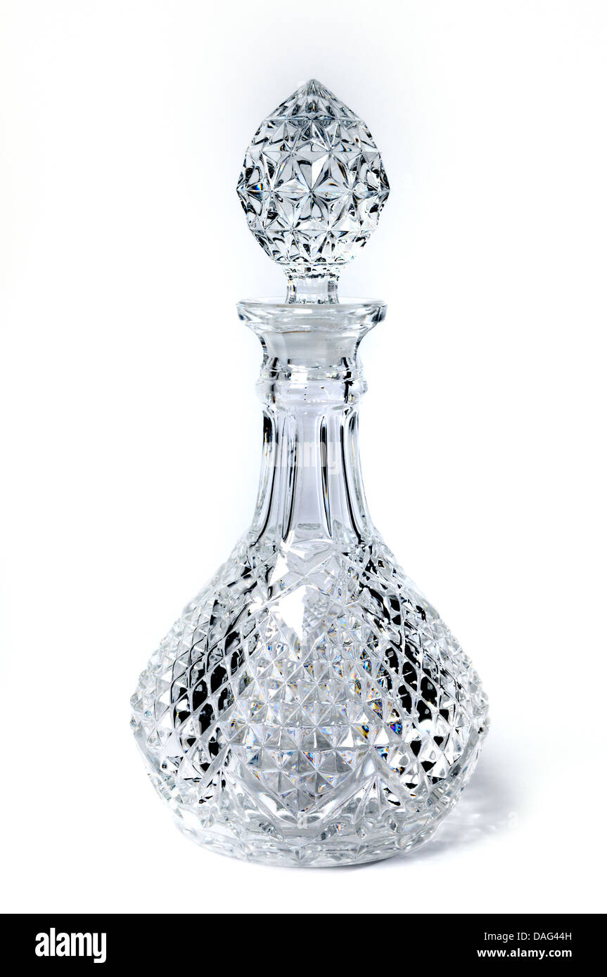 A high quality moulded lead glass wine or spirit decanter with ground glass stopper Stock Photo
