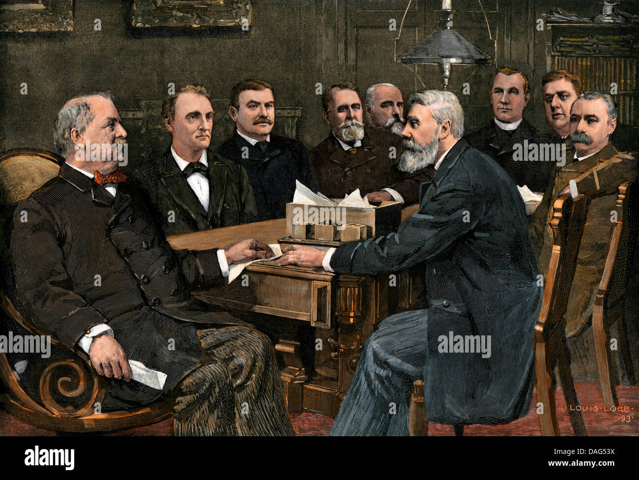 Grover Cleveland and his Cabinet members during his second administration, 1893. Digitally colored woodcut of a Louis Loeb illustration Stock Photo