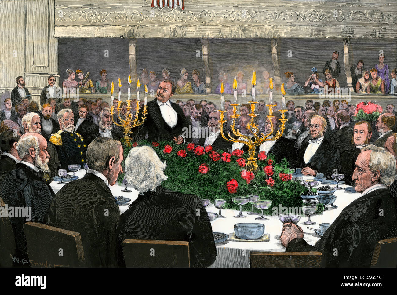 Former president Grover Cleveland speaking at a banquet, 1889. Hand-colored woodcut Stock Photo