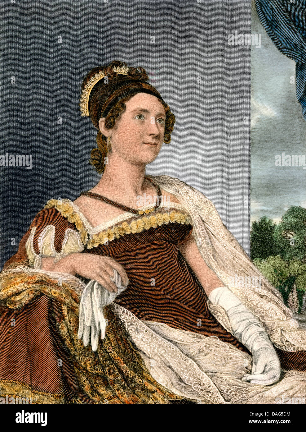 Portrait of First Lady Louisa Catherine Adams, wife of John Quincy Adams, early 1800s. Digitally colored engraving Stock Photo