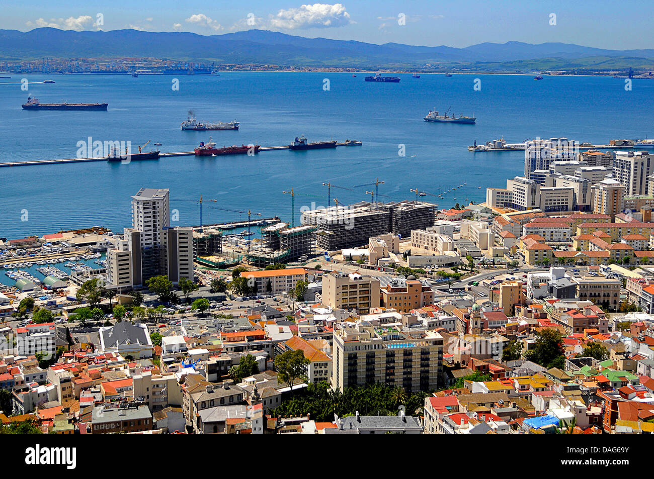 oil tankers in the bar of Gibraltar, spanish mainland in background, Gibraltar, Gibraltar Stock Photo