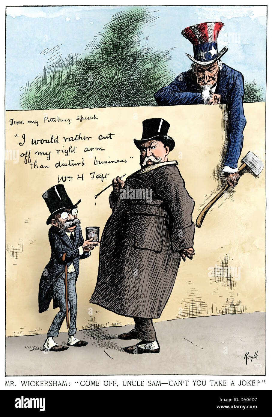 Cartoon about antitrust actions of Attorney General Wickersham and President Taft, 1911. Hand-colored woodcut Stock Photo