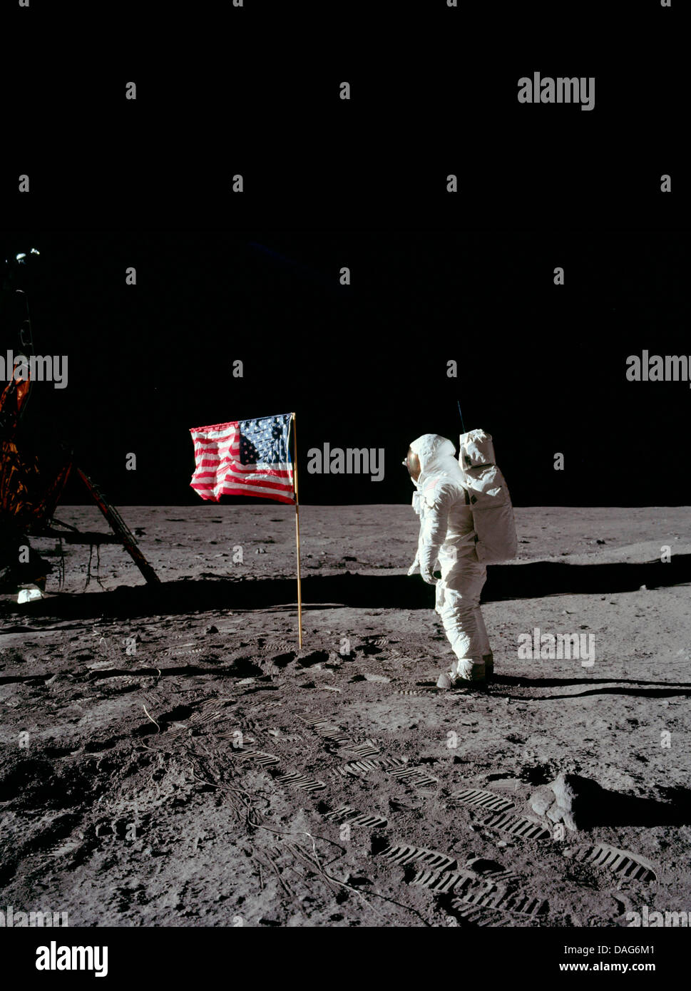 Optimised and digitally enhanced version of an image of Buzz Aldrin on the lunar surface WITH US Flag Stock Photo
