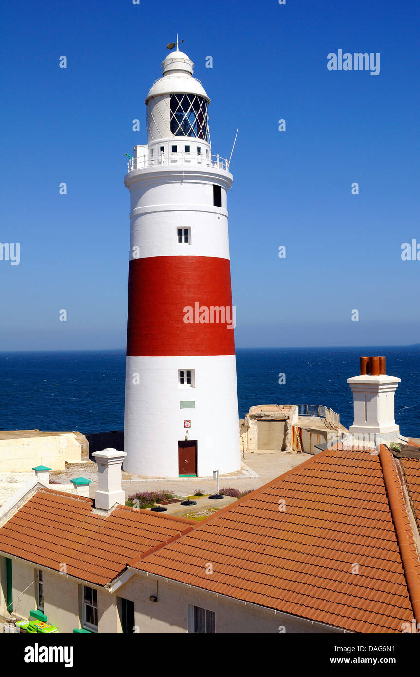 red-white lighthouse standing at the Europa Point, the most southerly point of Gibraltar, Gibraltar Trinity Lighthouse, Gibraltar Stock Photo