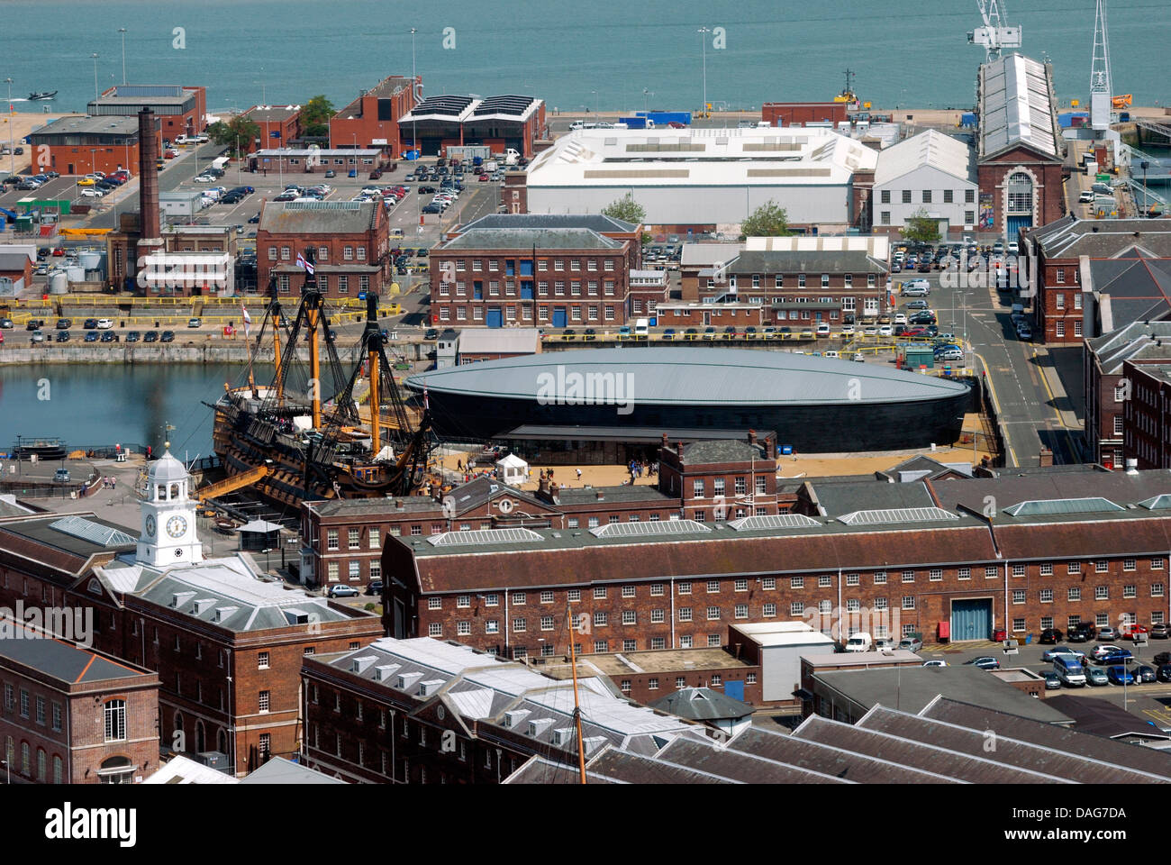 An aerial view of part of Portsmouth Historic Dockyard and Royal Navy