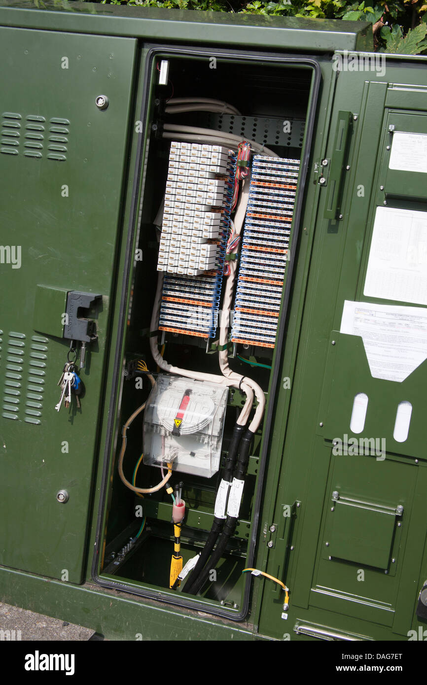 A roadside BT fiber optic and telephone with one door open revealing cable connections