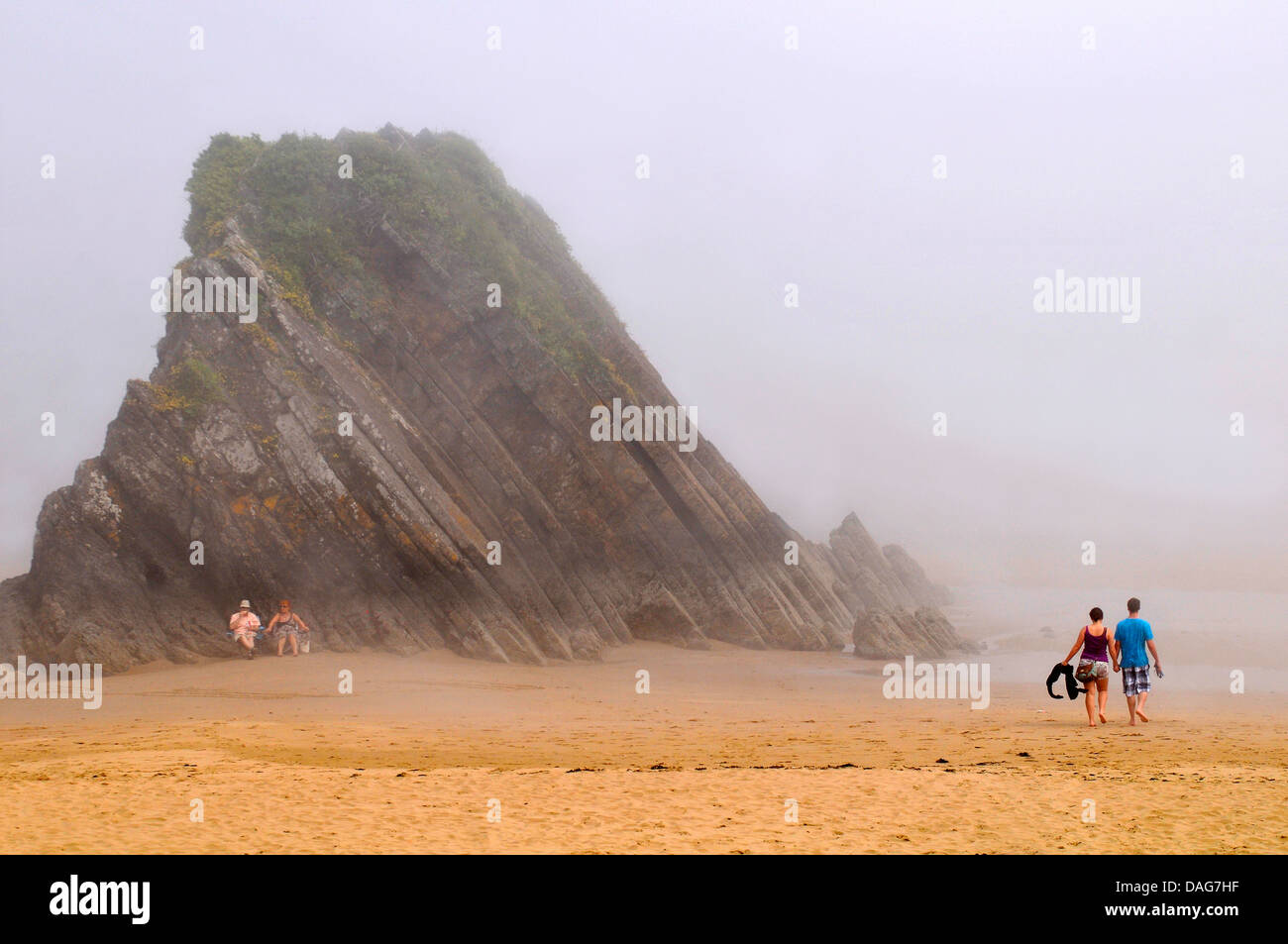 rock on sandy beach in mist, United Kingdom, Wales, Pembrokeshire, Tenby Stock Photo