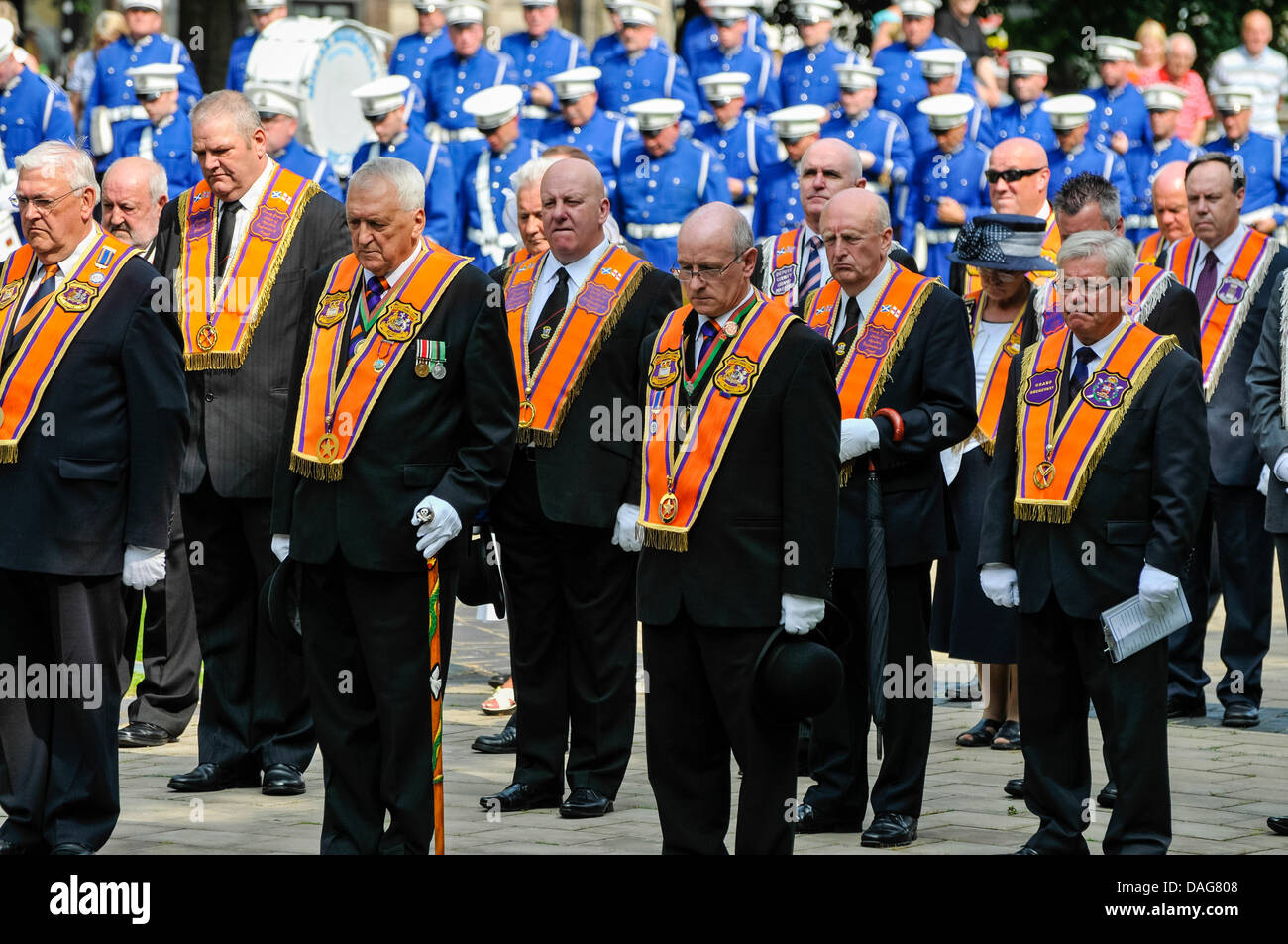 Belfast, Northern Ireland, 12th July 2013 - Members of the Orange Order and bandsmen pray for fallen soldiers. Credit:  Stephen Barnes/Alamy Live News Stock Photo