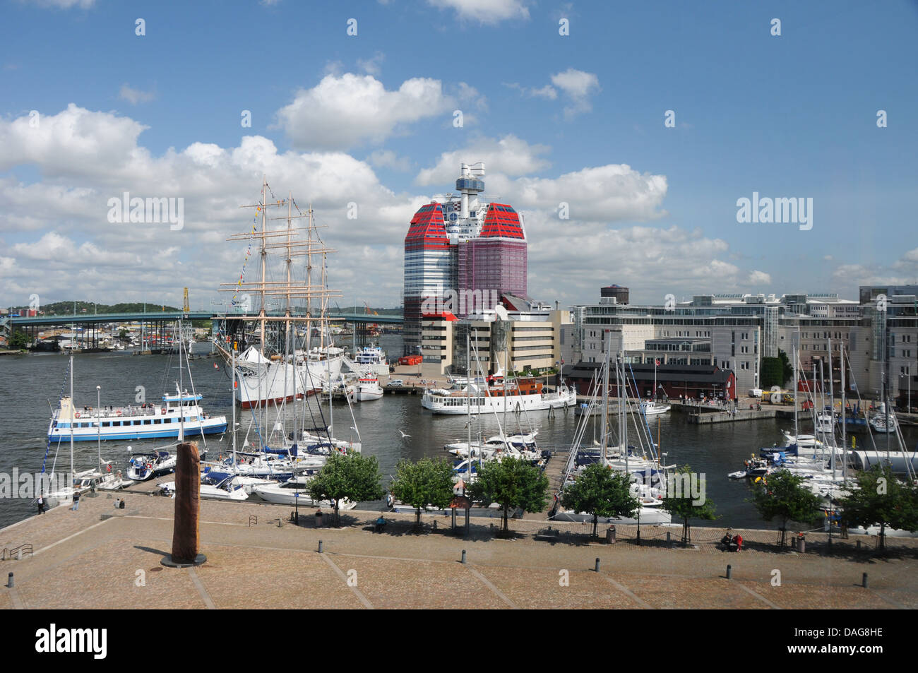 Overview of the 'Viking' schooner at Lilla Bommens Torg in Gothenburg or Goteborg on the West Coast of  Sweden Stock Photo