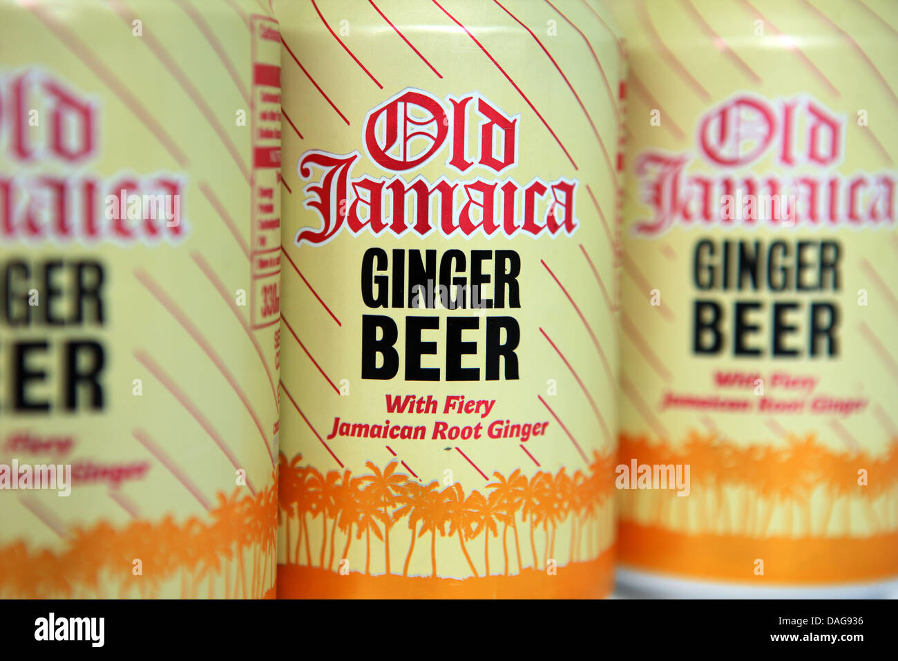 Row of Old Jamaica Ginger Beer cans Stock Photo