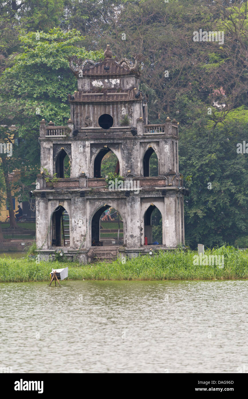 The Tortoise Thap Rua Tower  in the Middle of the Hoan Kiem Lake in Hanoi, Vietnam Stock Photo