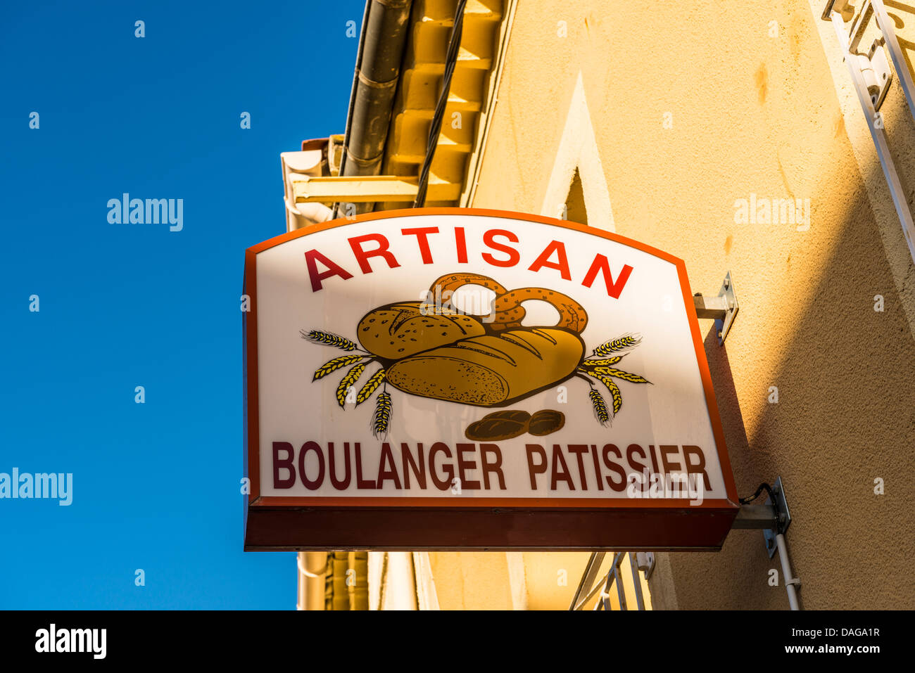 Artisan boulanger sign in the village of Nézignan l'Evêque, Hérault, Languedoc-Roussillon Stock Photo