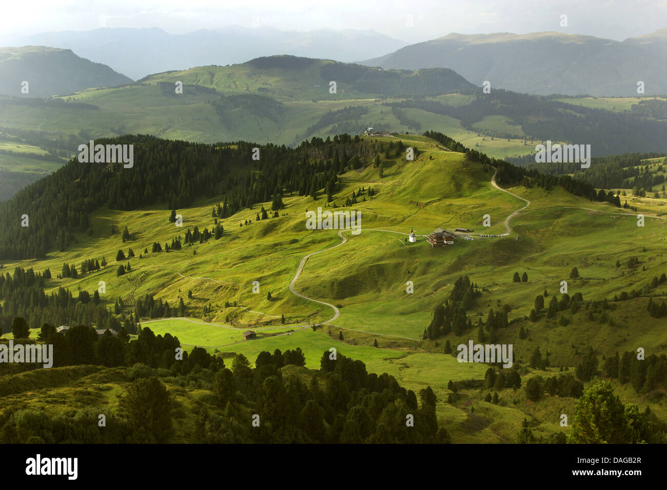 view from Plattkofel mountain hut to Almen and Zallinger mountain huts, Italy, Dolomites Stock Photo