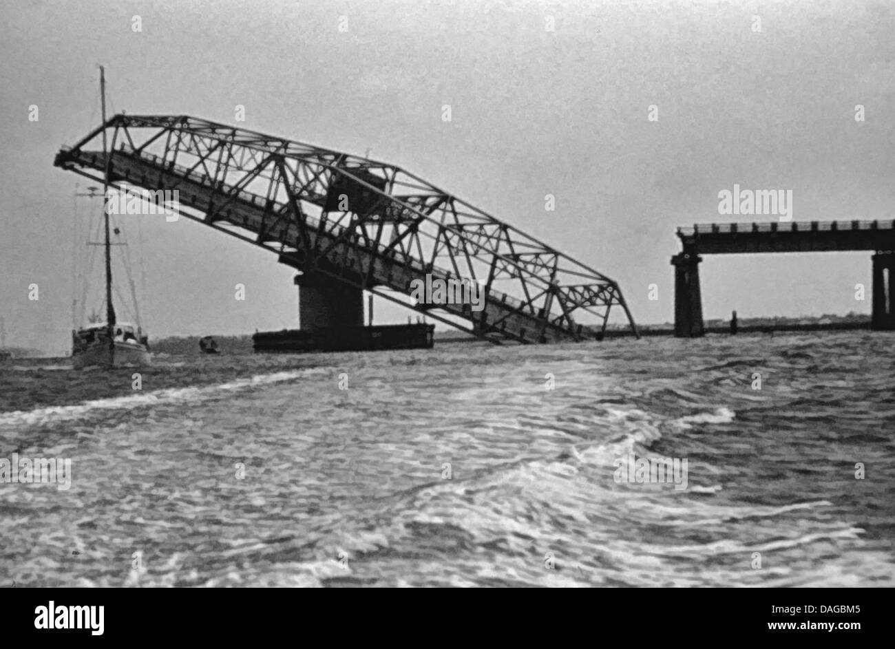 The Ben Sawyer Bridge knocked off the pier holding the bridge in place by Hurricane Hugo September 25, 1989 in Sullivan's Island, South Carolina. Stock Photo