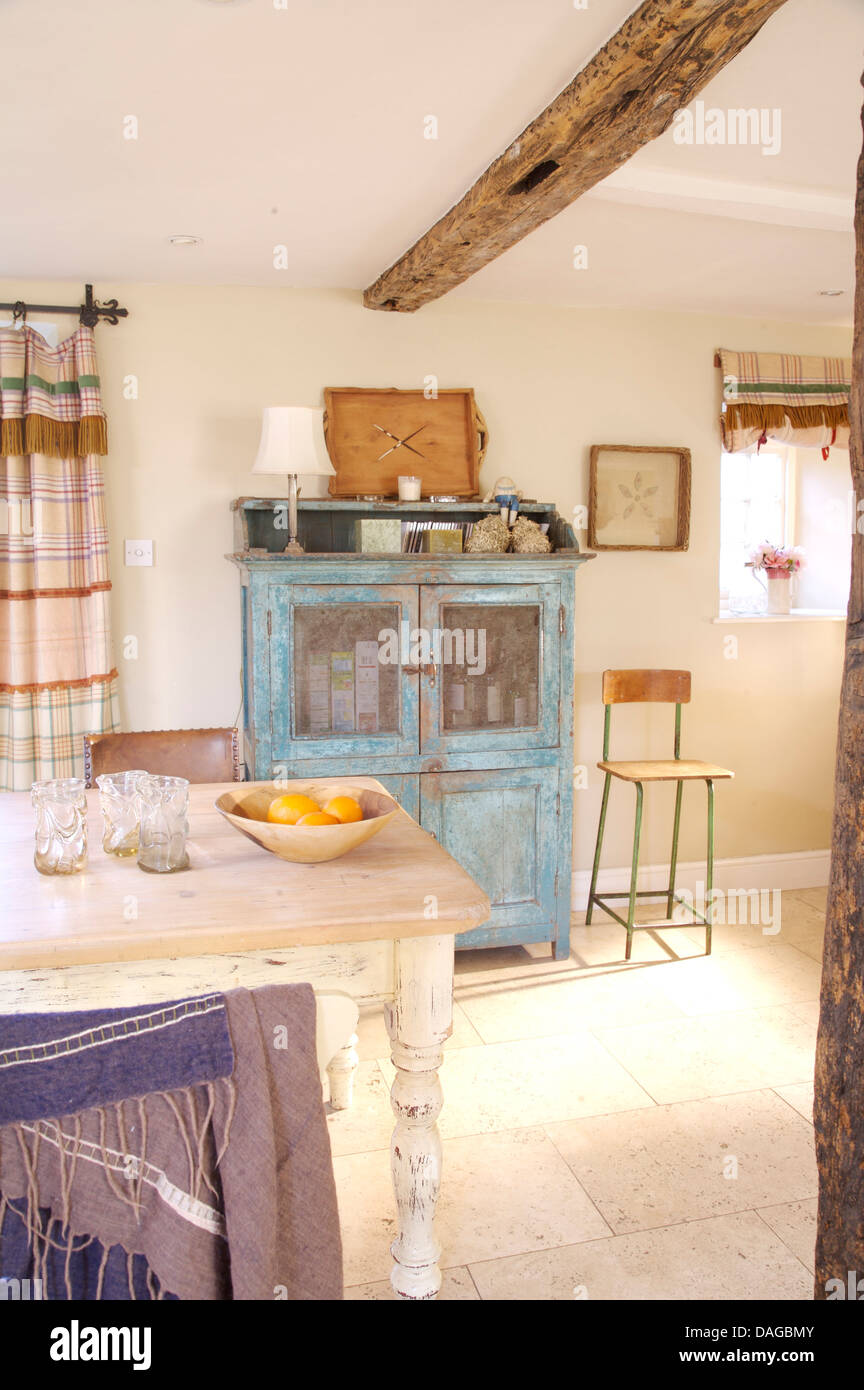 Cottage Dining Room With Painted Table And Dresser With Distressed