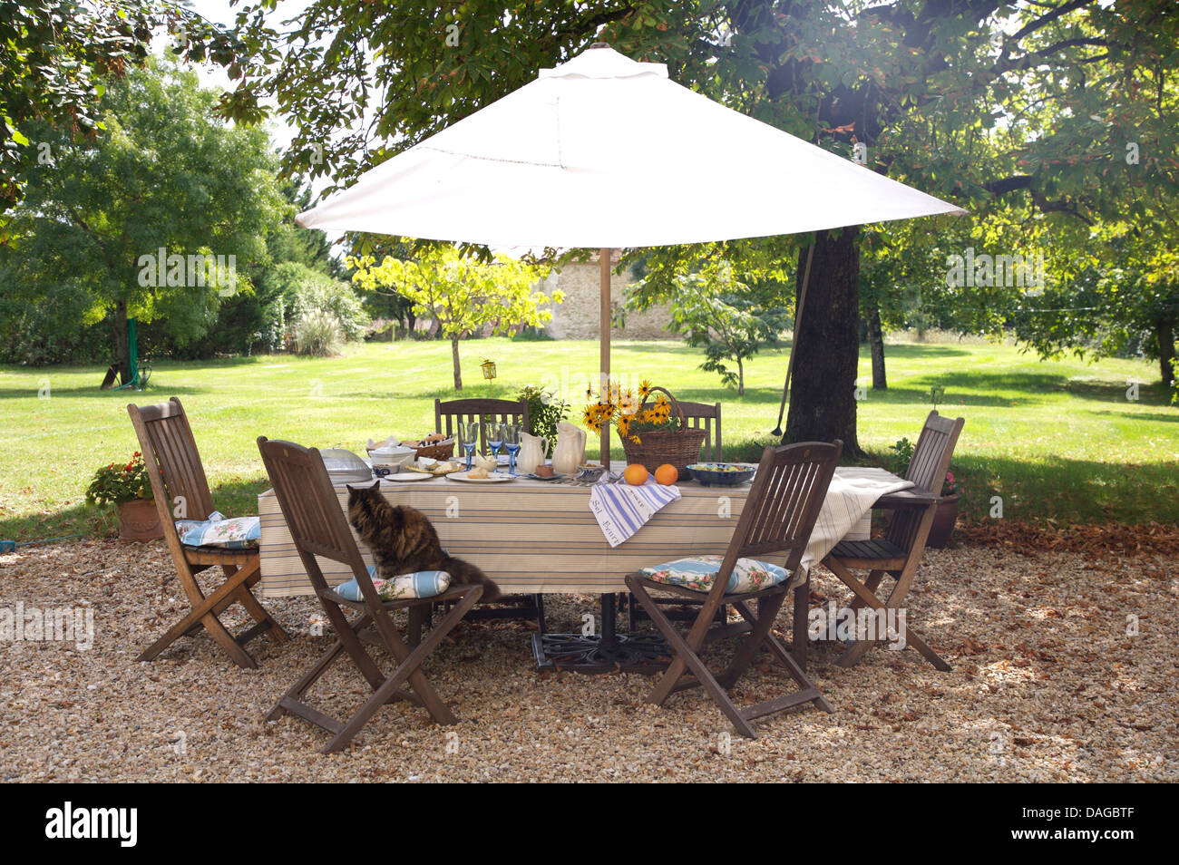 White umbrella above table set for lunch with striped cloth on shady gravel terrace in French country garden in summer Stock Photo
