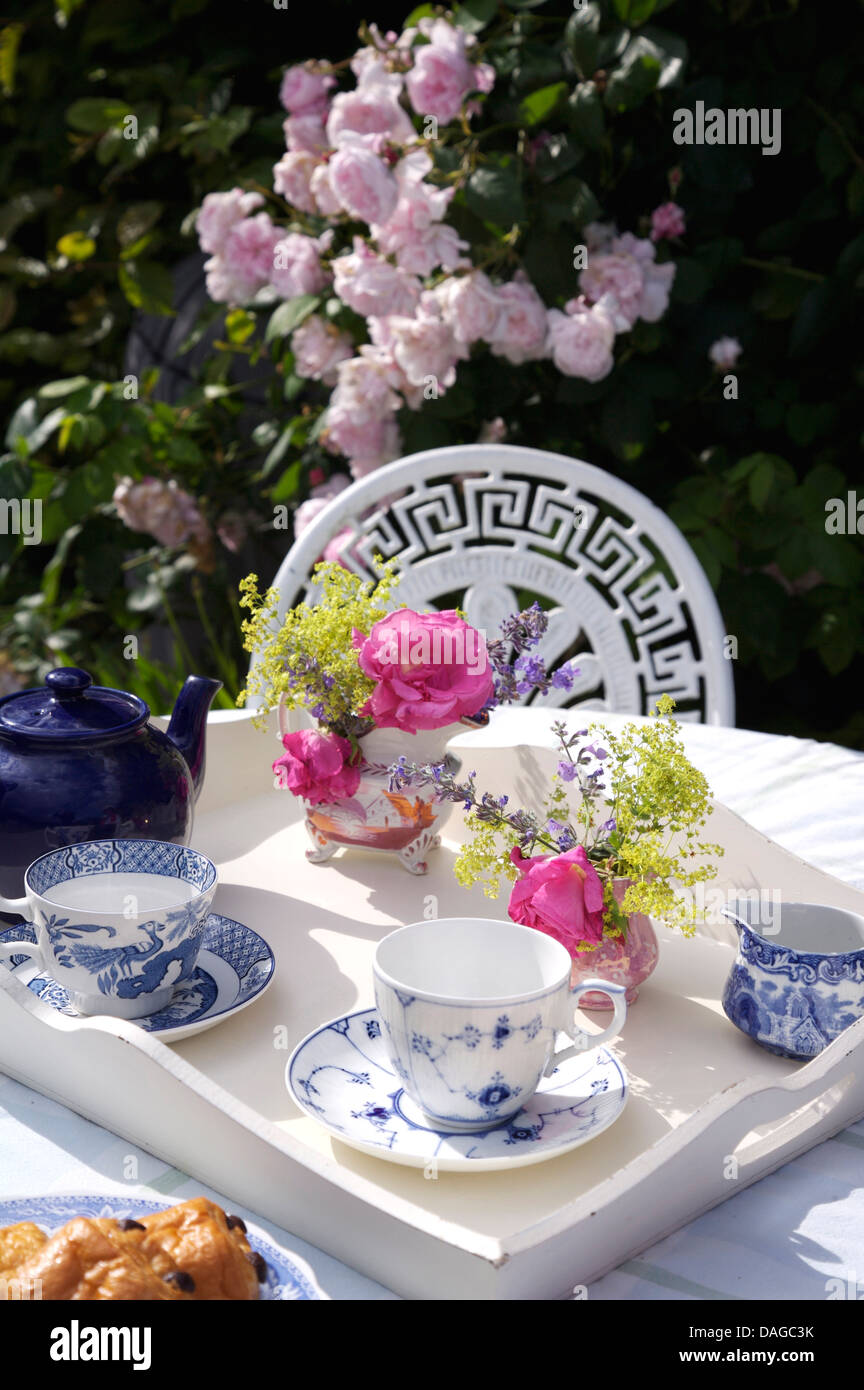 Close-up of white try with blue+white china cups and jug and pink roses on table in  country garden Stock Photo