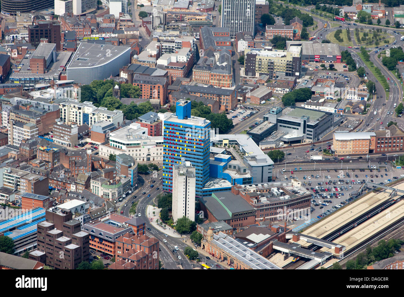 AERIAL VIEW OF LEICESTER CITY CENTRE  SHOWING THE BLUE PAINTED PREMIER INN HOTEL IN St Georges Way Stock Photo