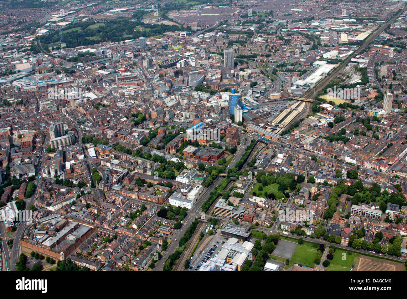 AERIAL VIEW OF LEICESTER CITY CENTRE  SHOWING THE BLUE PAINTED PREMIER INN HOTEL IN St Georges Way NEAR THE RAILWAY STATION Stock Photo