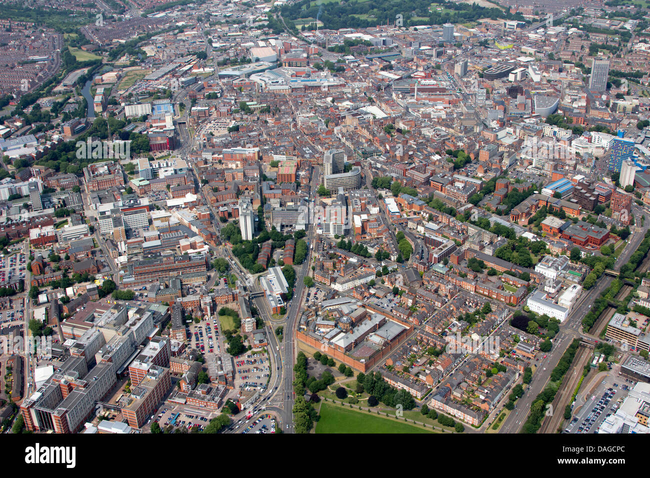 AERIAL VIEW OF LEICESTER CITY CENTRE. THE NELSON MANDELA PARK IS JUST IN THE FOREGROUND AND THE BLUE PREMIER INN HOTEL ON RIGHT Stock Photo