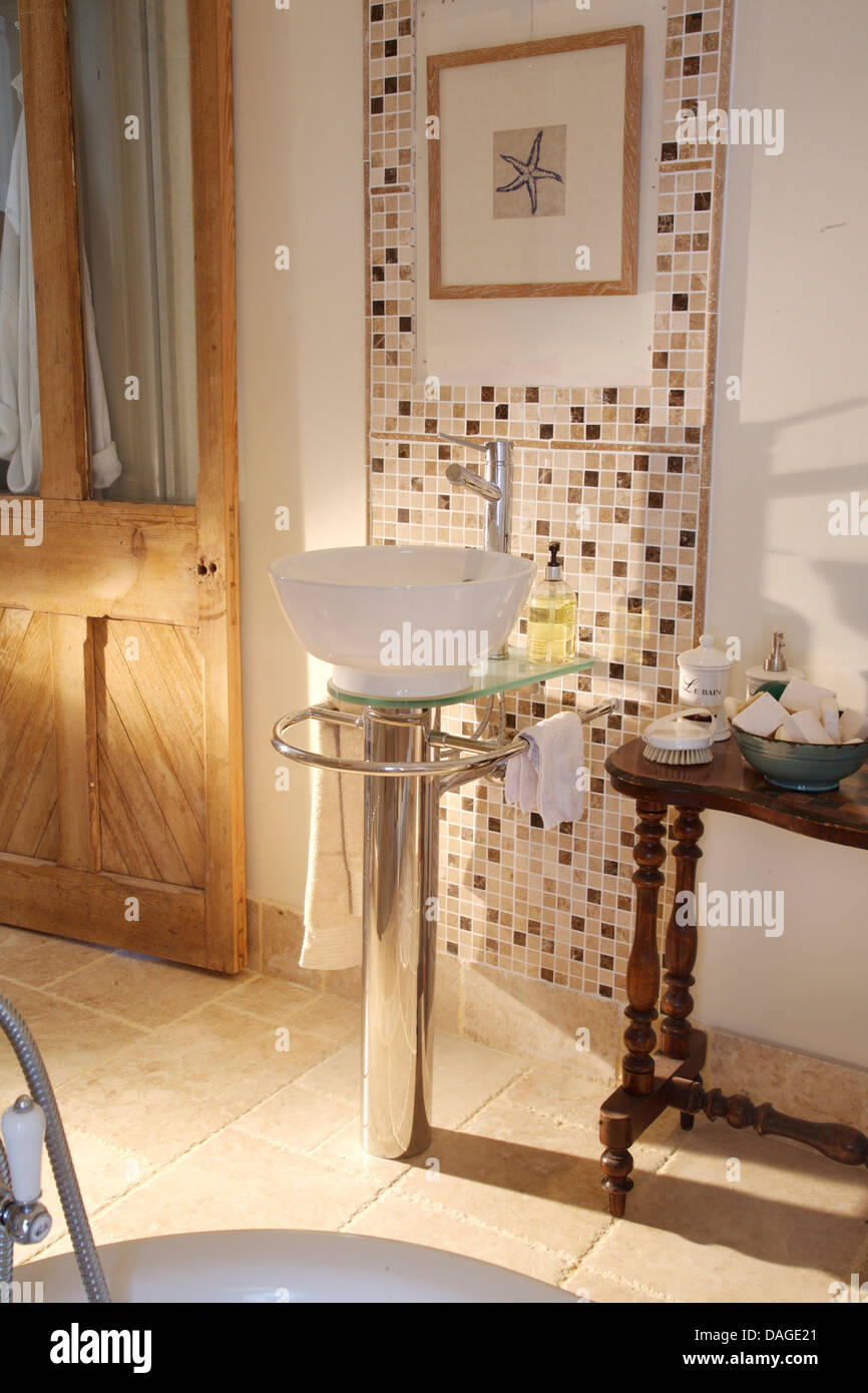 picture Wash Basin Background Tiles Design https www alamy com stock photo modern wash basin on chrome pedestal in country bathroom with mosaic 58139929 html