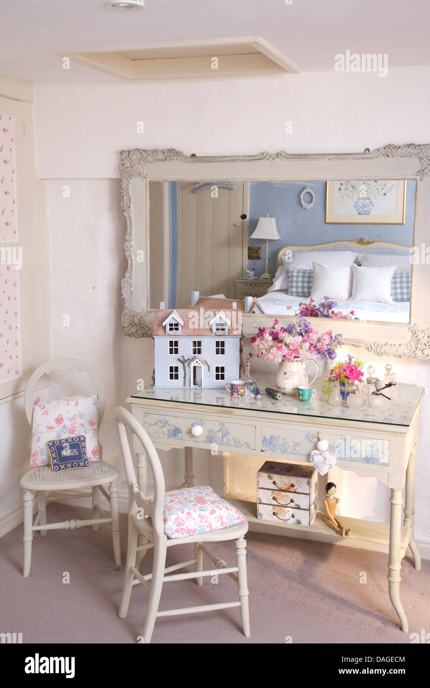 Small doll s house on glass topped painted dressing table with